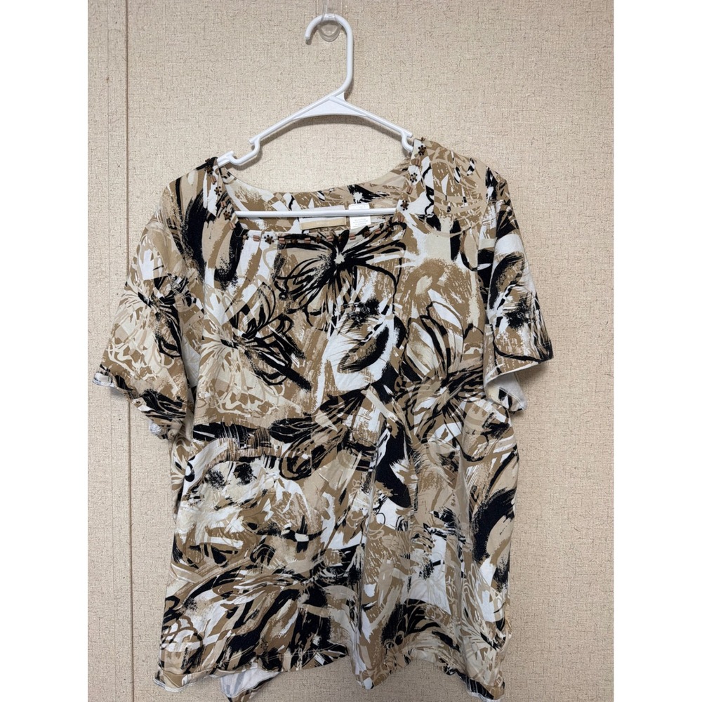 Alfred Dunner Womens 2X Abstract Floral Beaded Scoop‎ Neck Short Sleeve Top Tan